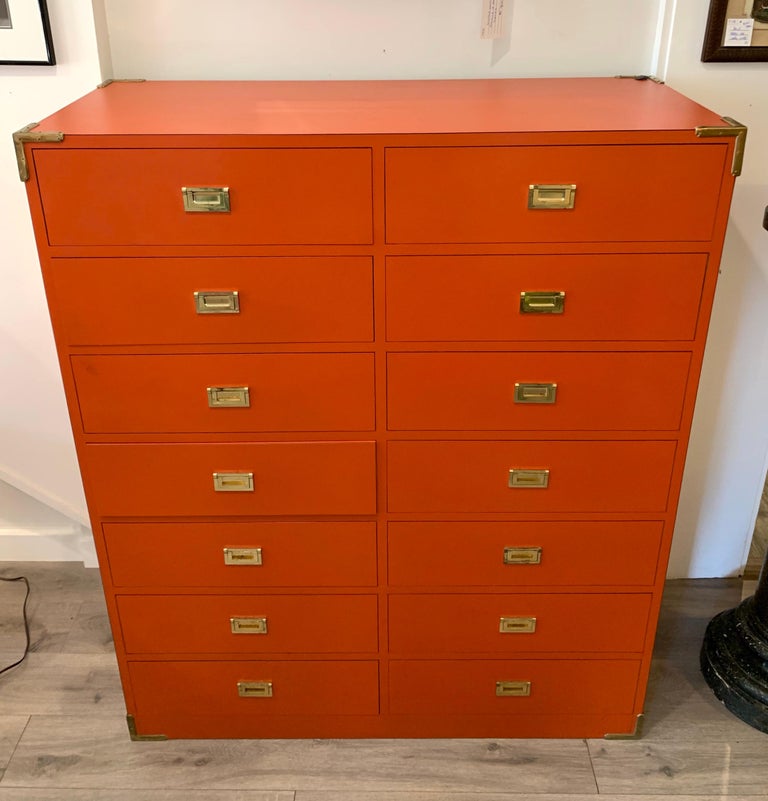 Tall Orange Campaign Chest Highboy Twelve Drawers Wardrobe