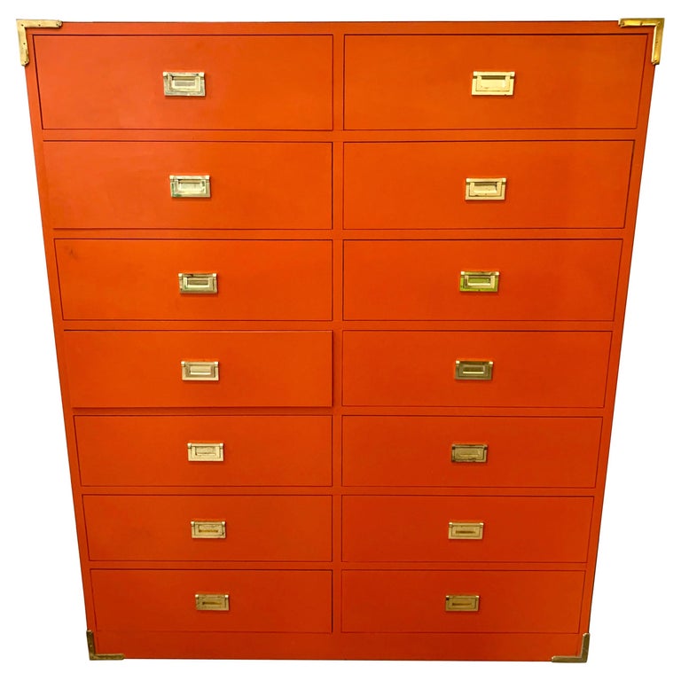 Tall Orange Campaign Chest Highboy Twelve Drawers Wardrobe