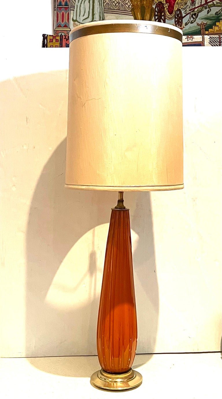 Beautiful Italian midcentury, Murano table lamp in orange with bubbles glass lampshade not included, perfect working condition, 29