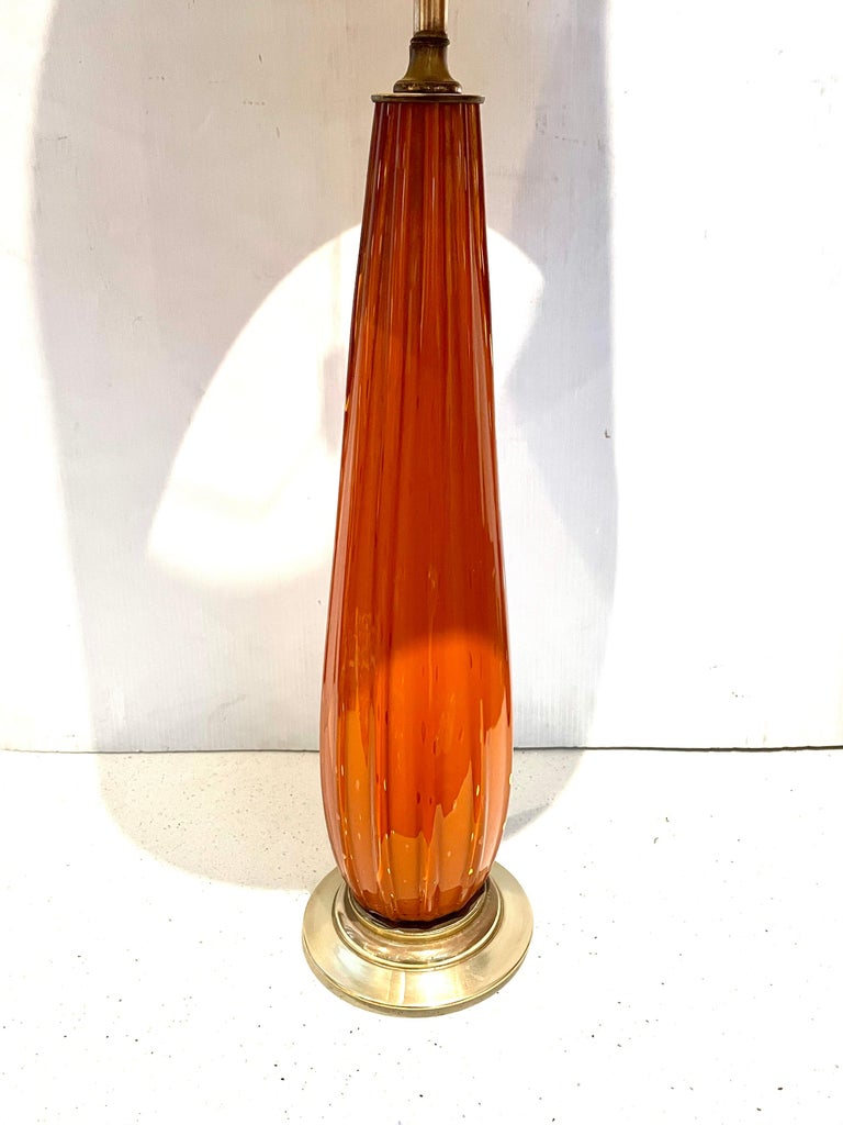 Brass Tall Orange Murano Barovier Italian Glass Table Lamp For Sale