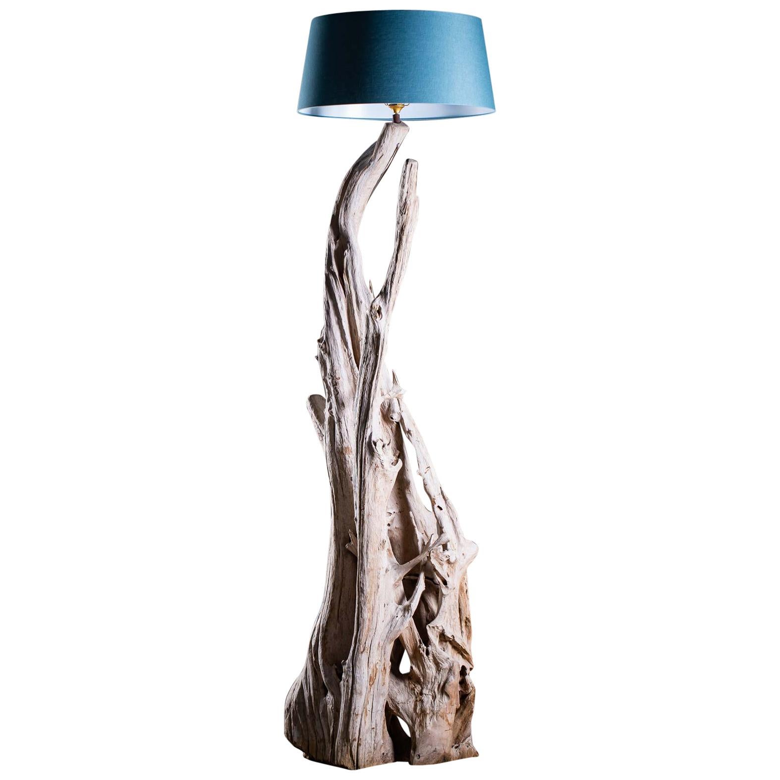 Tall Organic Modern Beach Driftwood Floor Lamp Custom Shade For Sale