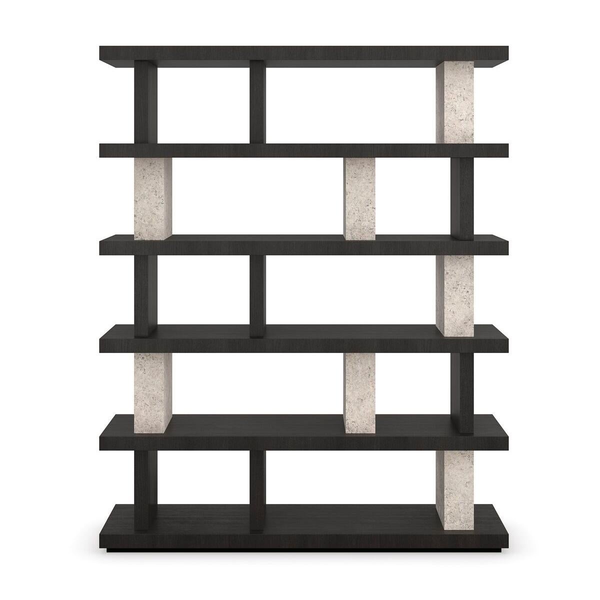 A striking contrast of tone and texture, this bold modern design embodies sophistication from simplicity. Open Pore Travertine adds an organic element, punctuated by quarter-sawn oak shelves and dividers in a dramatic Cinder finish. Its tall,