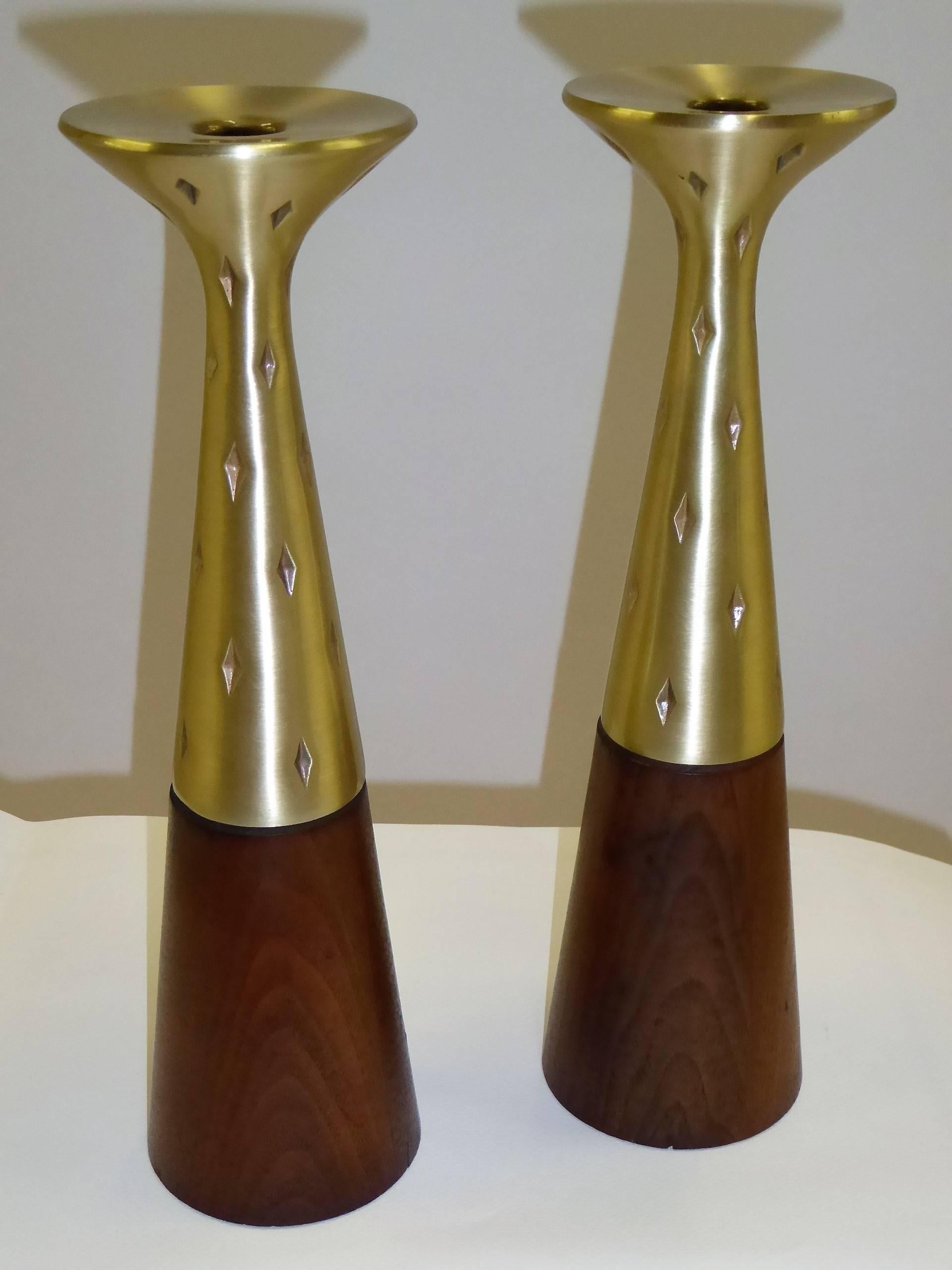 Mid-Century Modern Tall Organic Modern Tony Paul Walnut, Brass Candlesticks for Westwood Chadwick