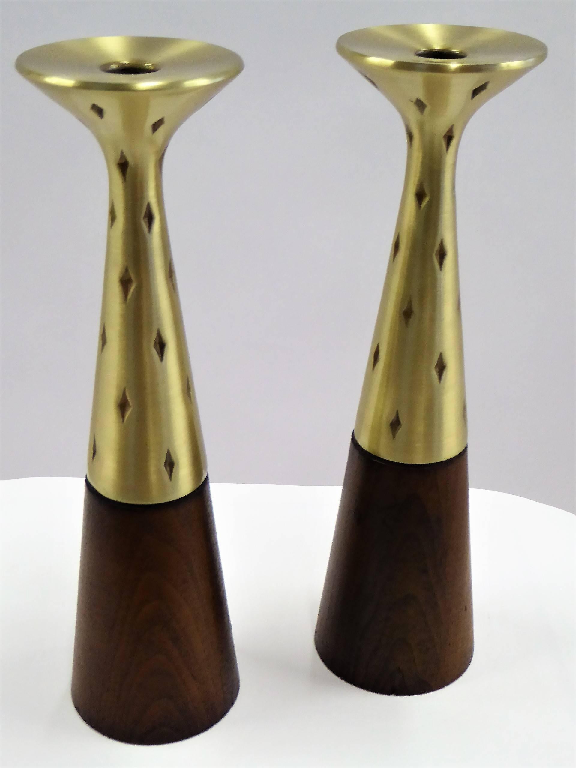 American Tall Organic Modern Tony Paul Walnut, Brass Candlesticks for Westwood Chadwick