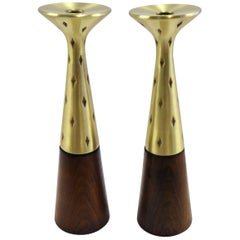 Tall Organic Modern Tony Paul Walnut, Brass Candlesticks for Westwood Chadwick