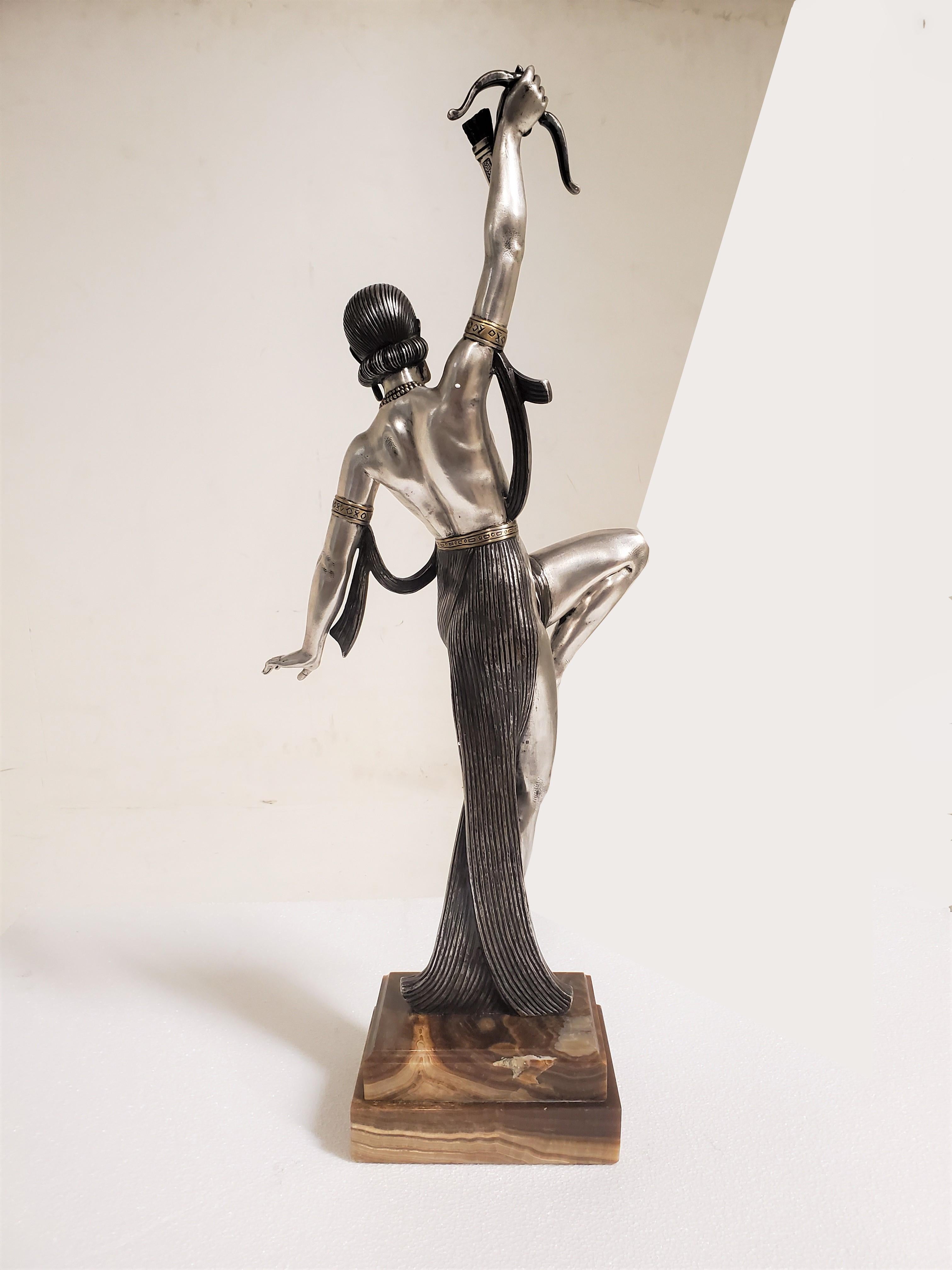 Tall original French Art Deco dancer by Descomps, patina, silver and gilt bronze For Sale 4