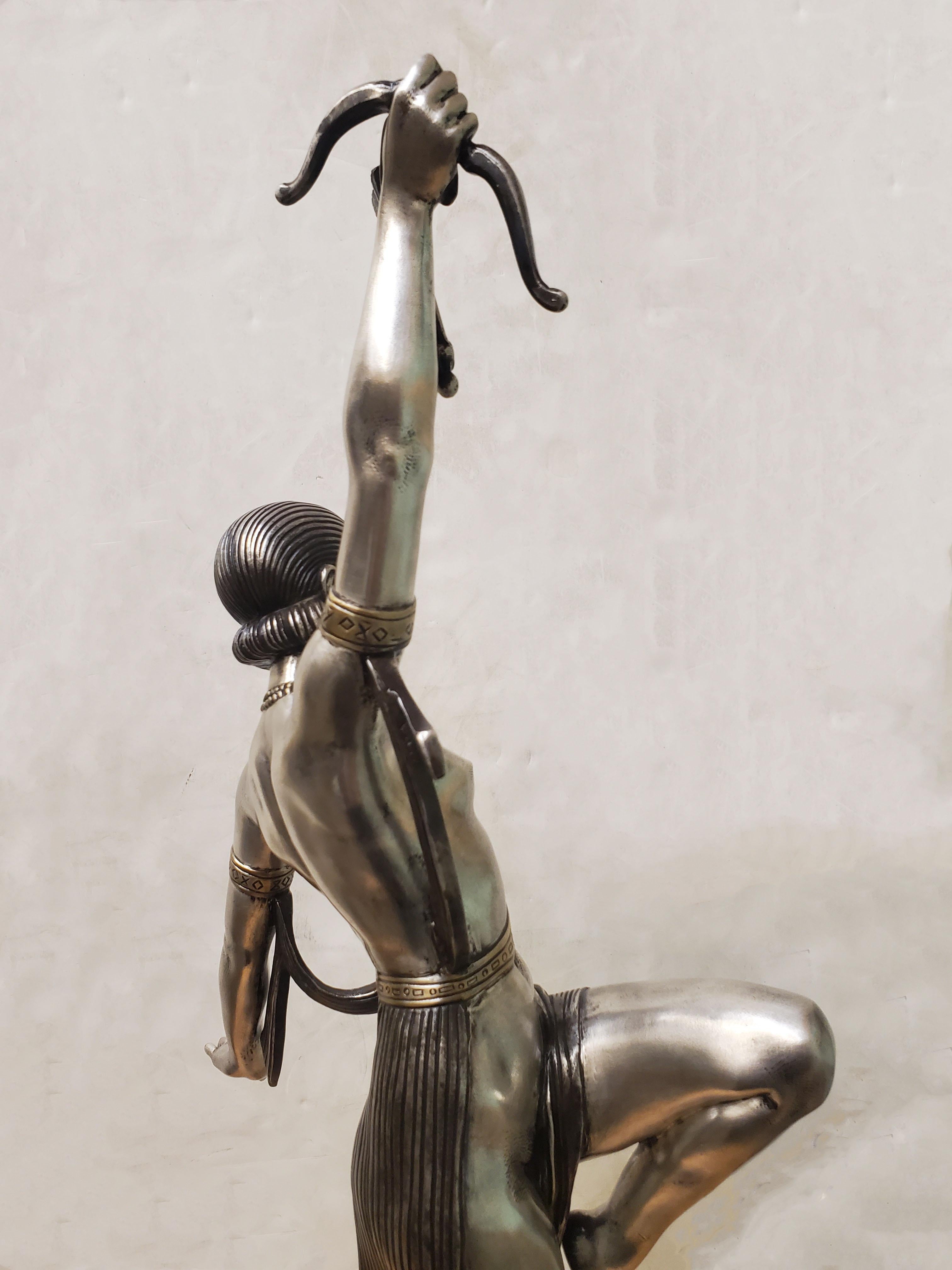 Tall original French Art Deco dancer by Descomps, patina, silver and gilt bronze For Sale 5