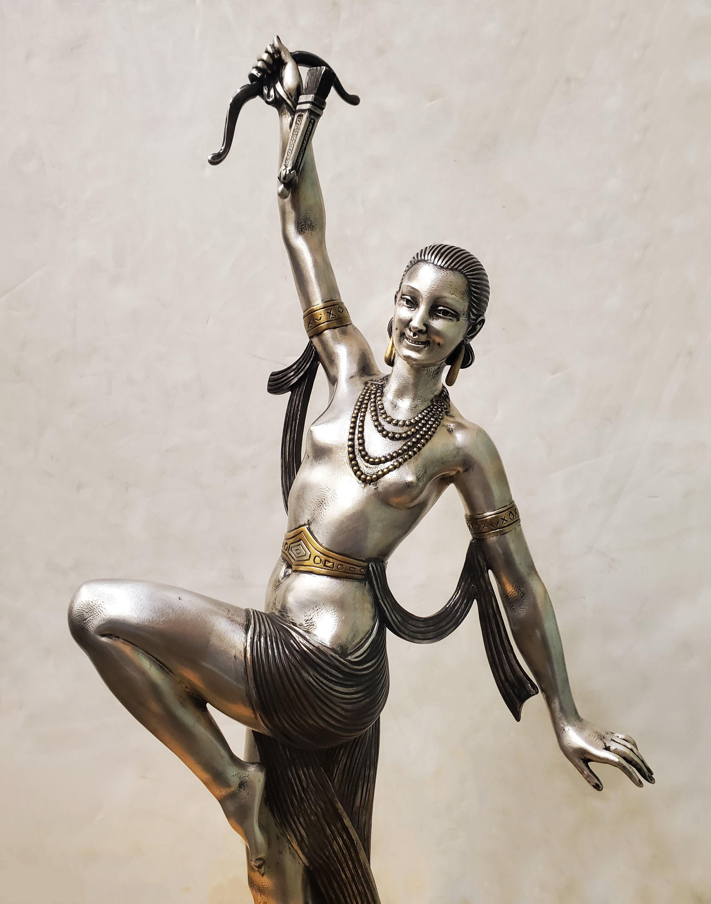 Tall original French Art Deco dancer by Descomps, patina, silver and gilt bronze For Sale 6