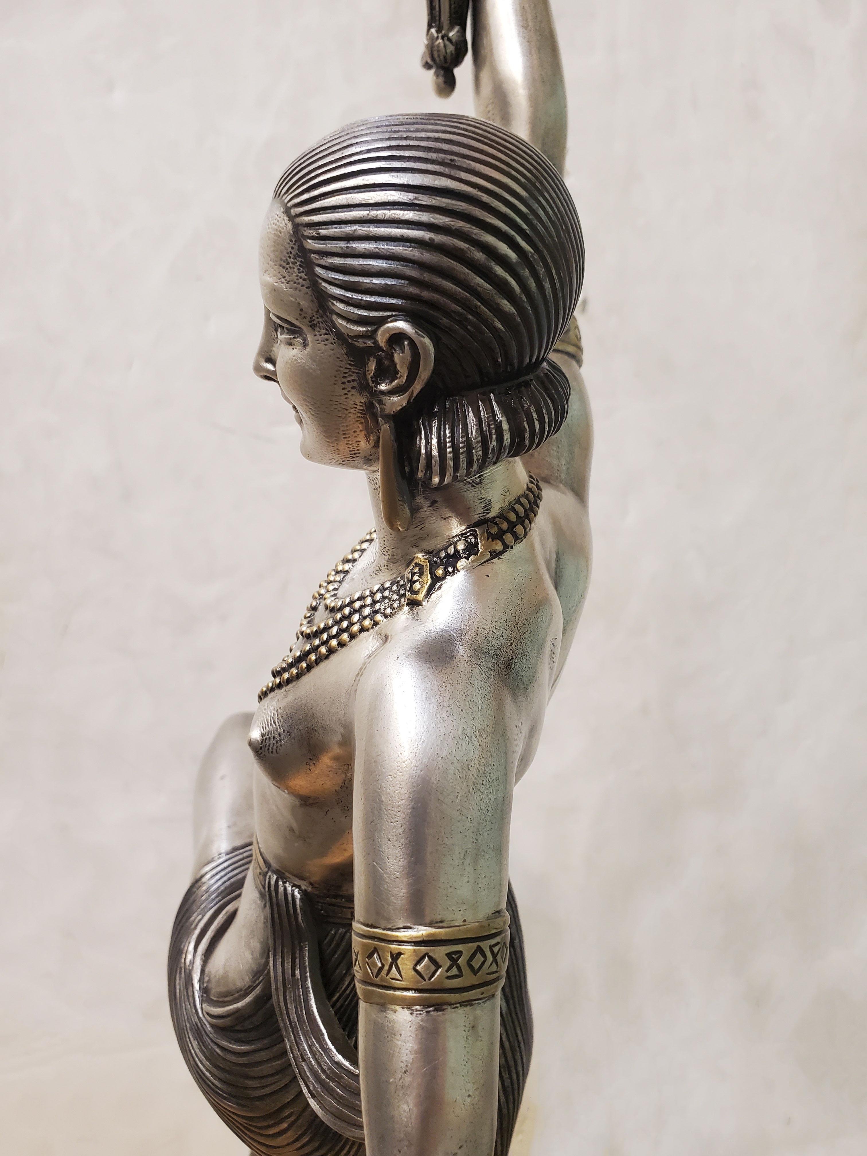Tall original French Art Deco dancer by Descomps, patina, silver and gilt bronze For Sale 8