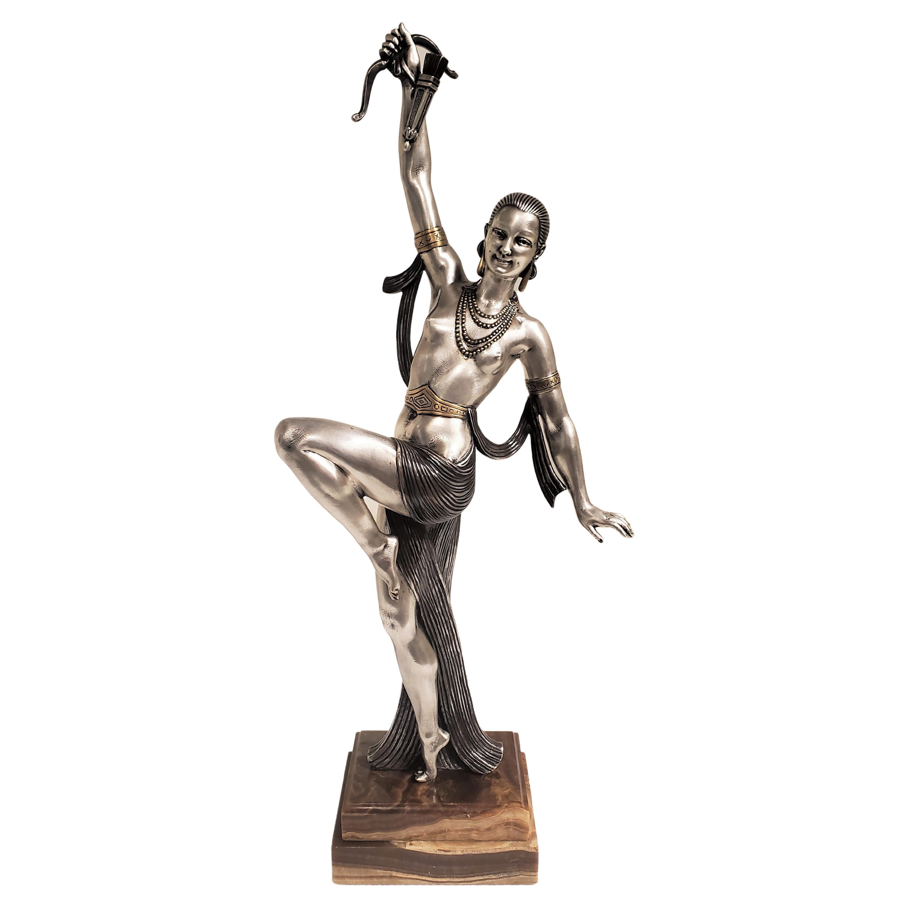 Tall original French Art Deco dancer by Descomps, patina, silver and gilt bronze For Sale 11