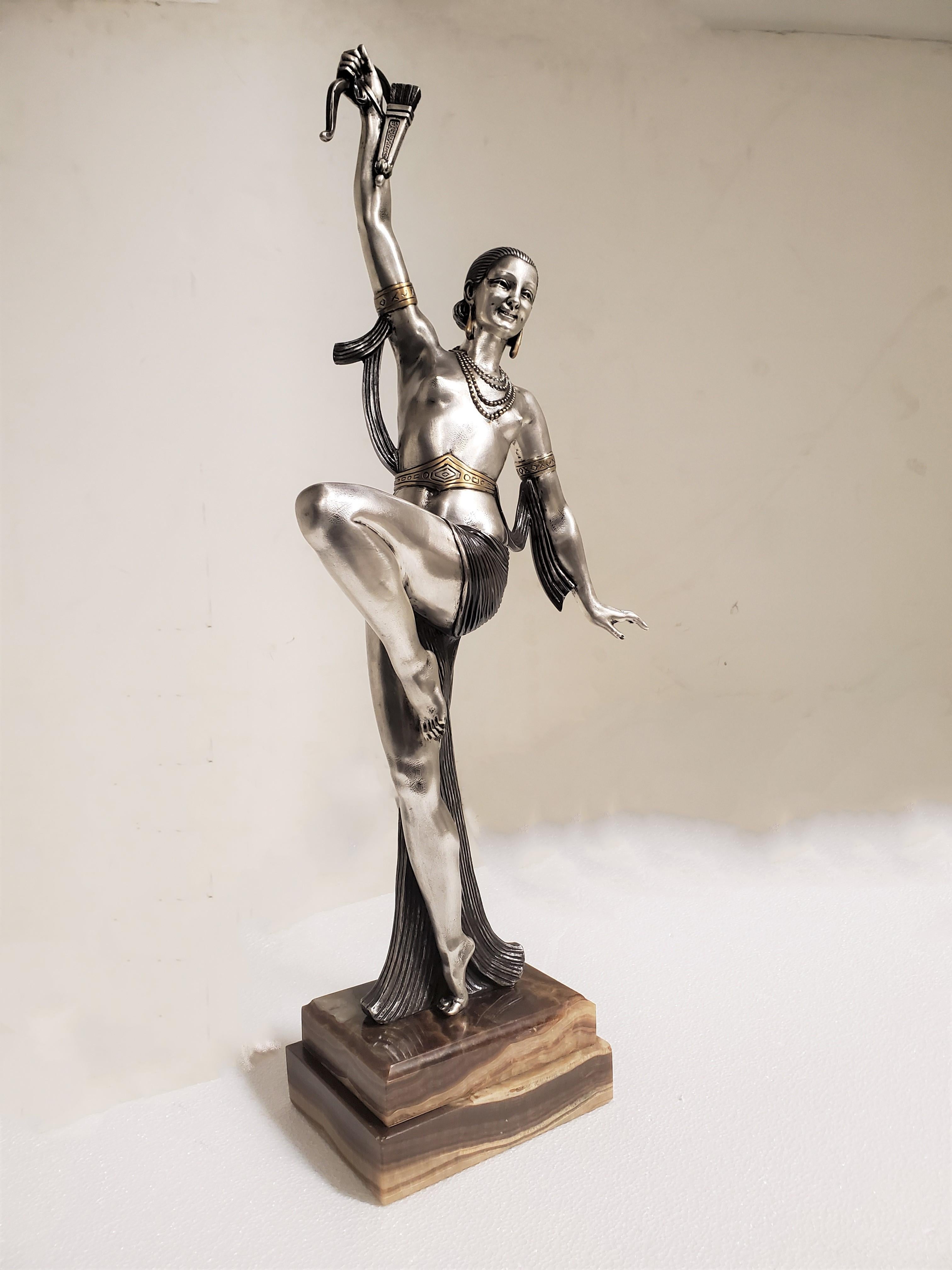 Tall original French Art Deco dancer by Descomps, patina, silver and gilt bronze For Sale 13