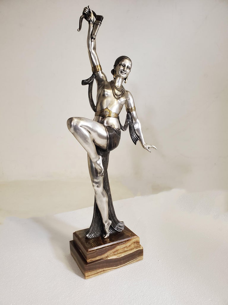 Tall original French Art Deco dancer by patina, silver and