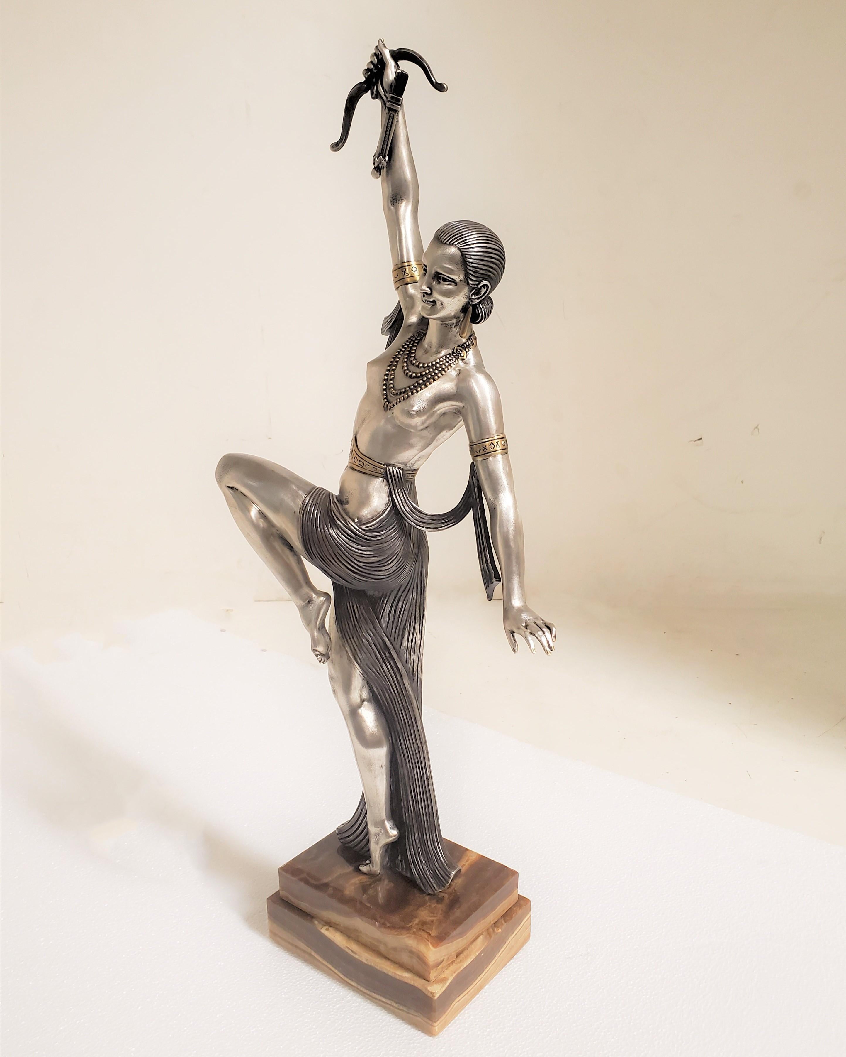 Tall original French Art Deco dancer by Descomps, patina, silver and gilt bronze For Sale 2