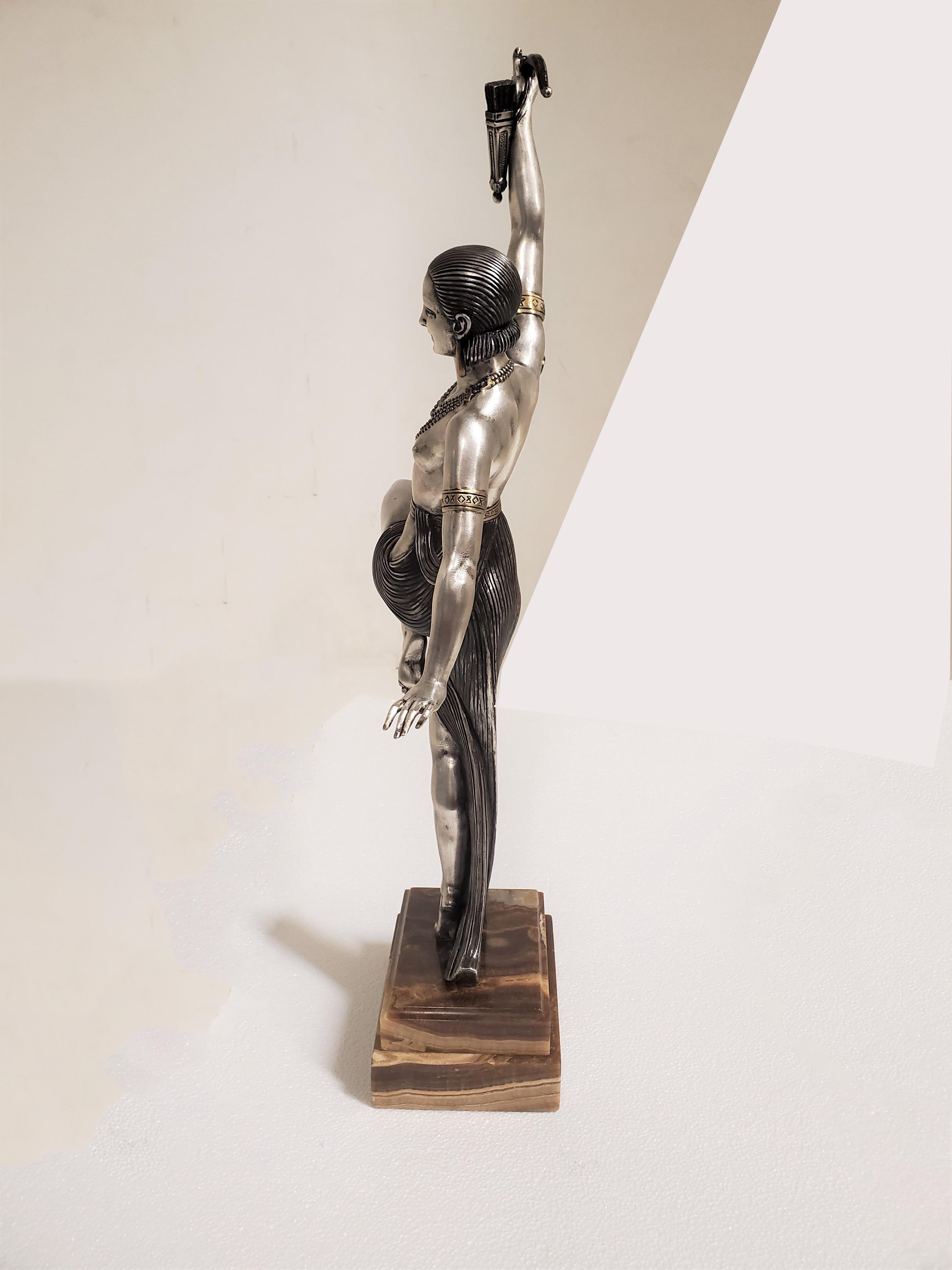 Tall original French Art Deco dancer by Descomps, patina, silver and gilt bronze For Sale 3