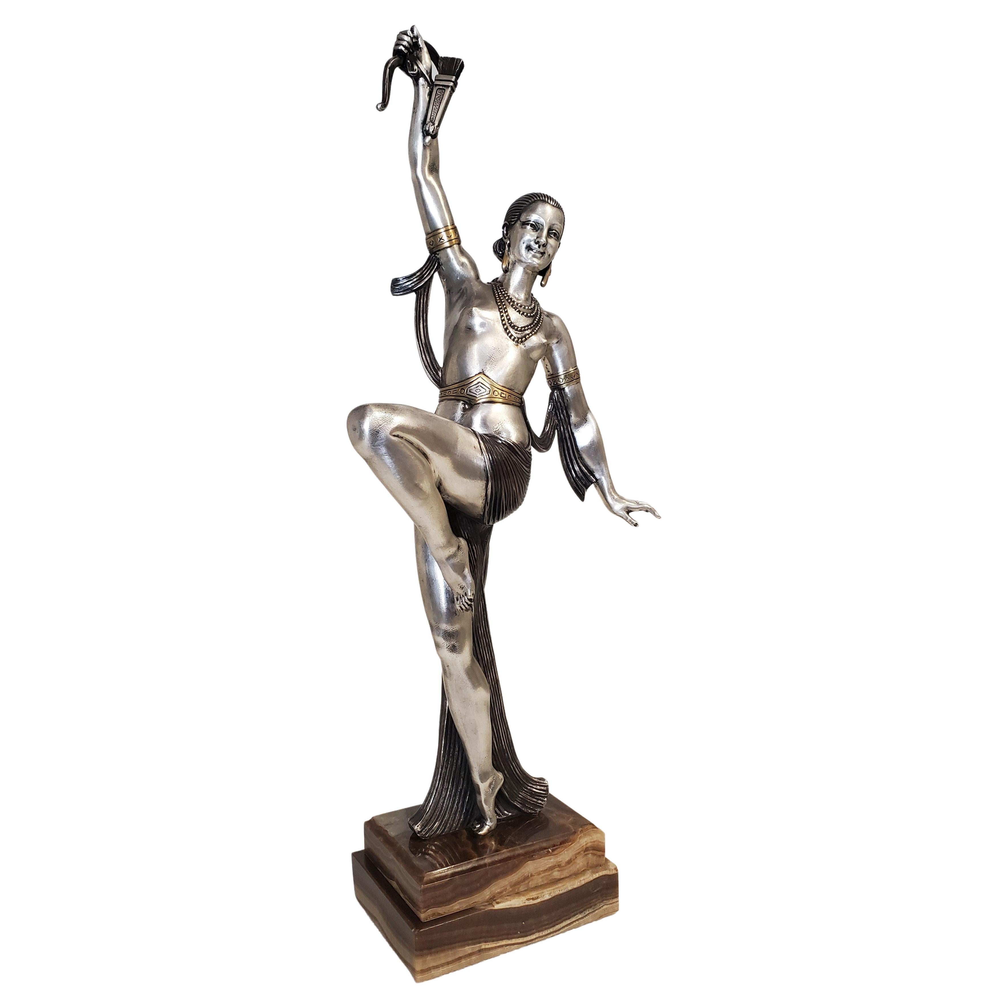 Tall original French Art Deco dancer by Descomps, patina, silver and gilt bronze For Sale