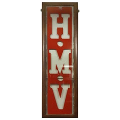 Tall Original HMV Painted Glass Pane in Oak Frame