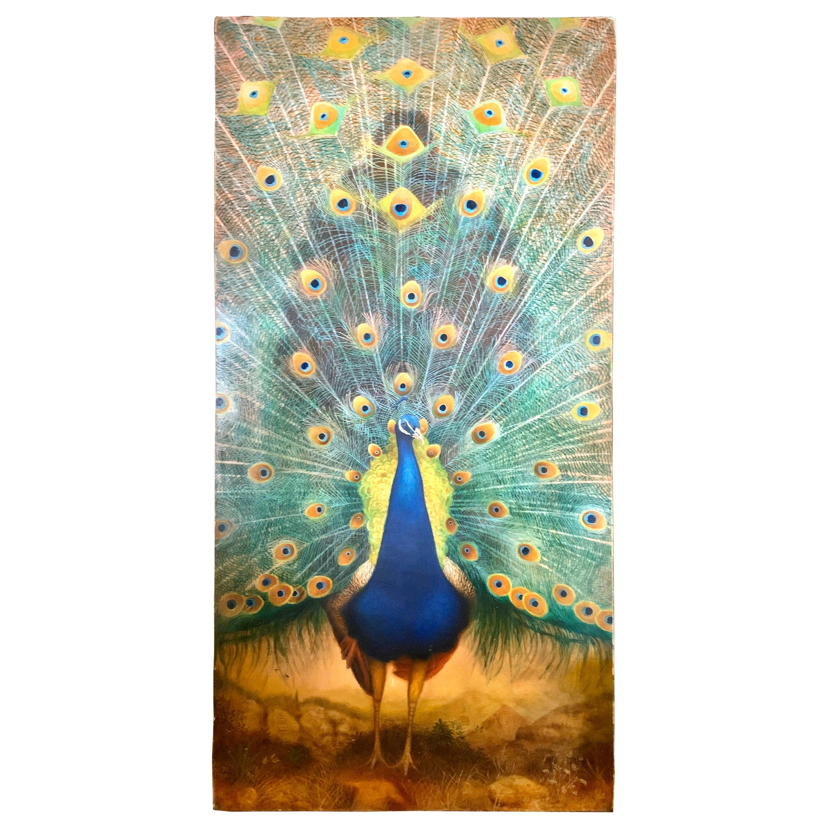 Tall 8 Ft. Original Peacock Painting Signed