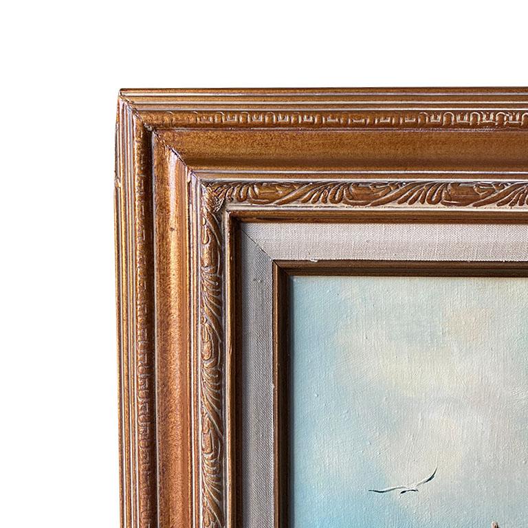 A tall original nautical painting by Ruppert Haydan. Known for his love for painting ships at sea, this piece is one of a kind. It is tall, and framed in a giltwood frame, with linen detail. The subject of the piece is a large vessel with full