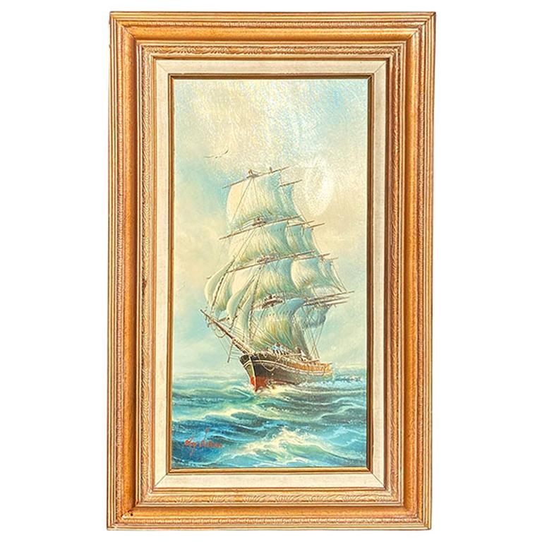 Tall Original Sailing Ship at Sea Painting by Haydan Signed in Giltwood Framed For Sale