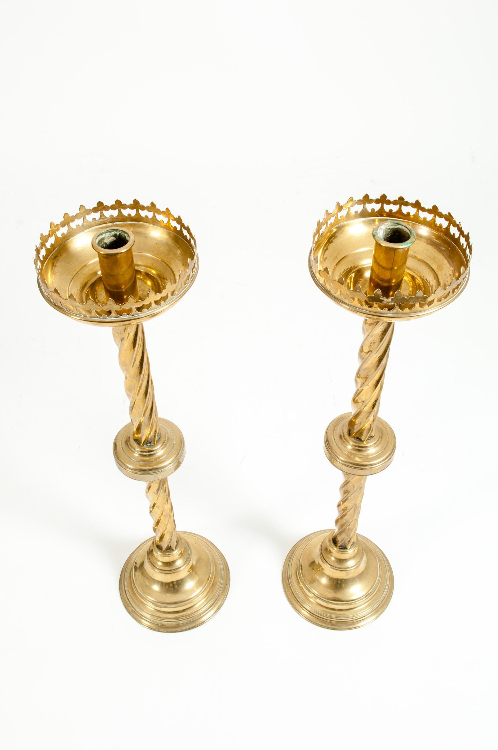 English Tall & Ornately Decorative Pair of 19th Century Gothic Style Brass Candlesticks