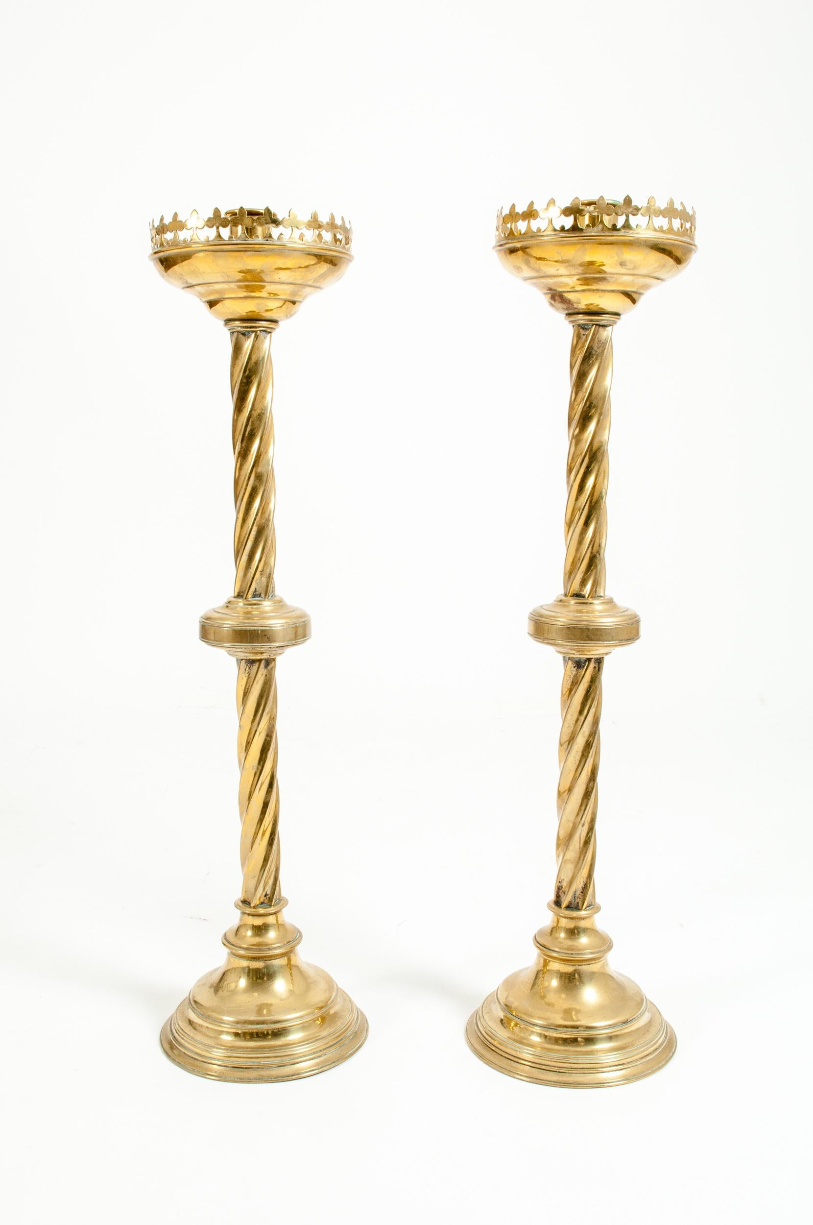 Tall & Ornately Decorative Pair of 19th Century Gothic Style Brass Candlesticks 2
