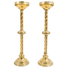 Tall & Ornately Decorative Pair of 19th Century Gothic Style Brass Candlesticks
