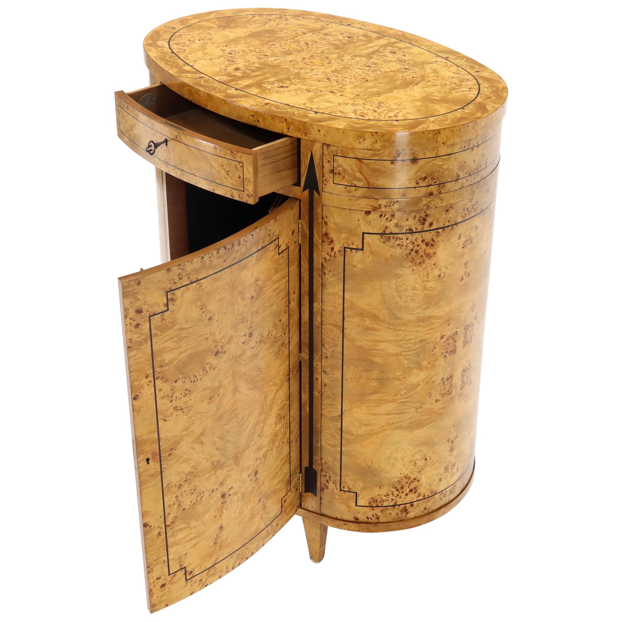 Tall Oval Burl Wood One Drawer Neoclassical Centre Cabinet by Baker Furniture