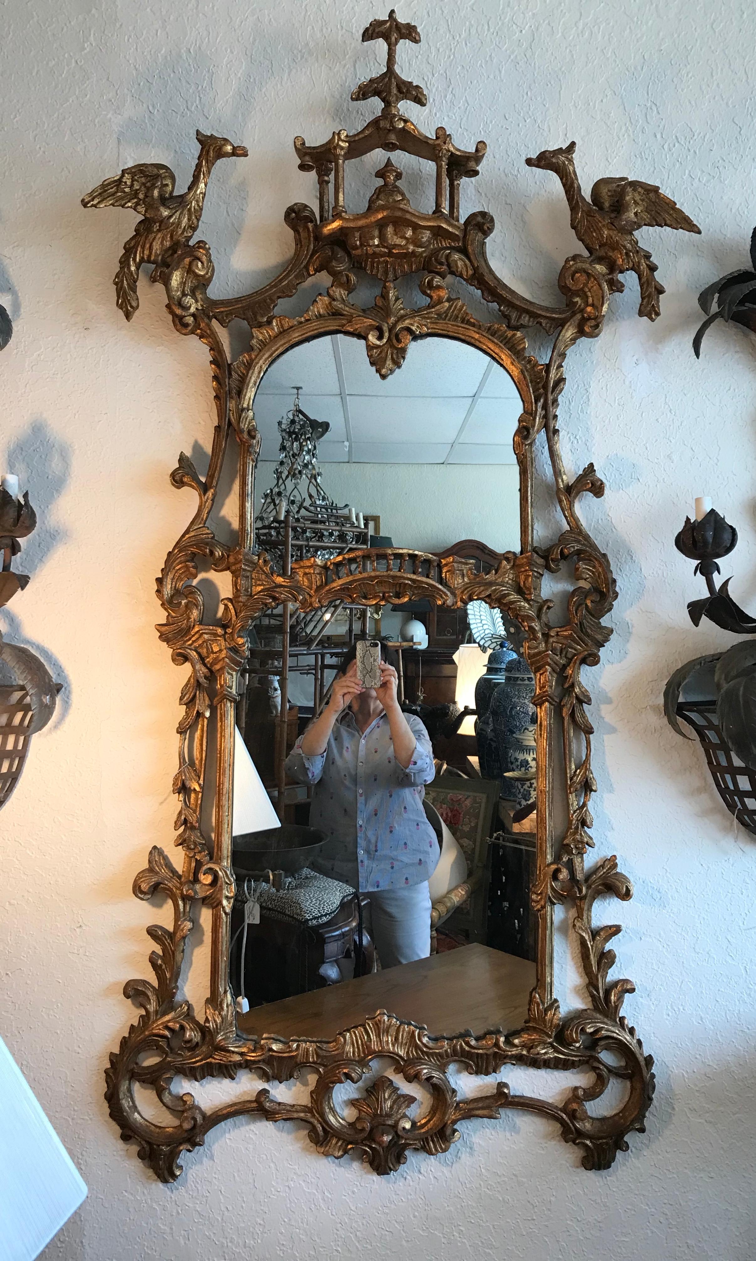 Italian Tall Pagoda Top Chippendale Style Gilt Mirror