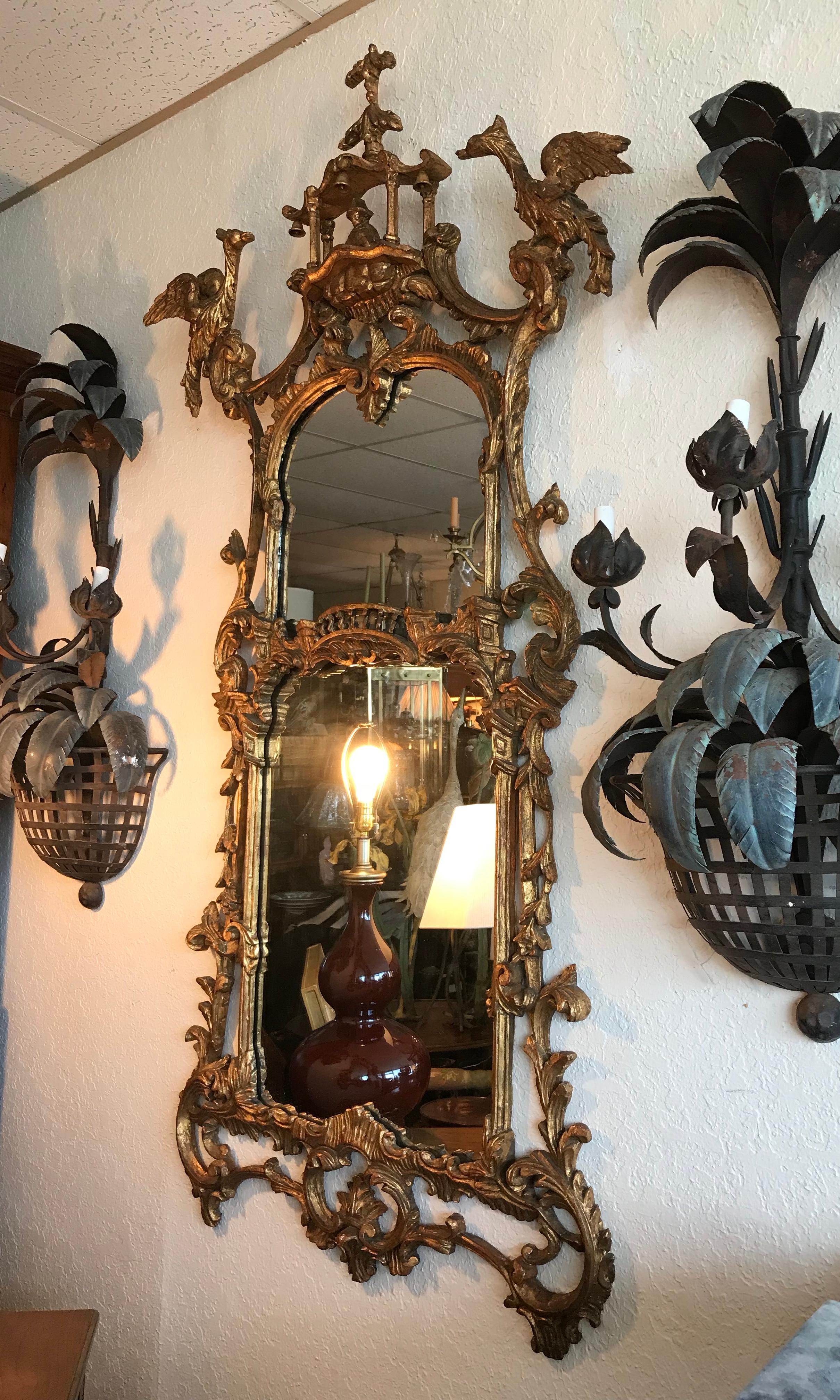 Tall Pagoda Top Chippendale Style Gilt Mirror In Good Condition In West Palm Beach, FL