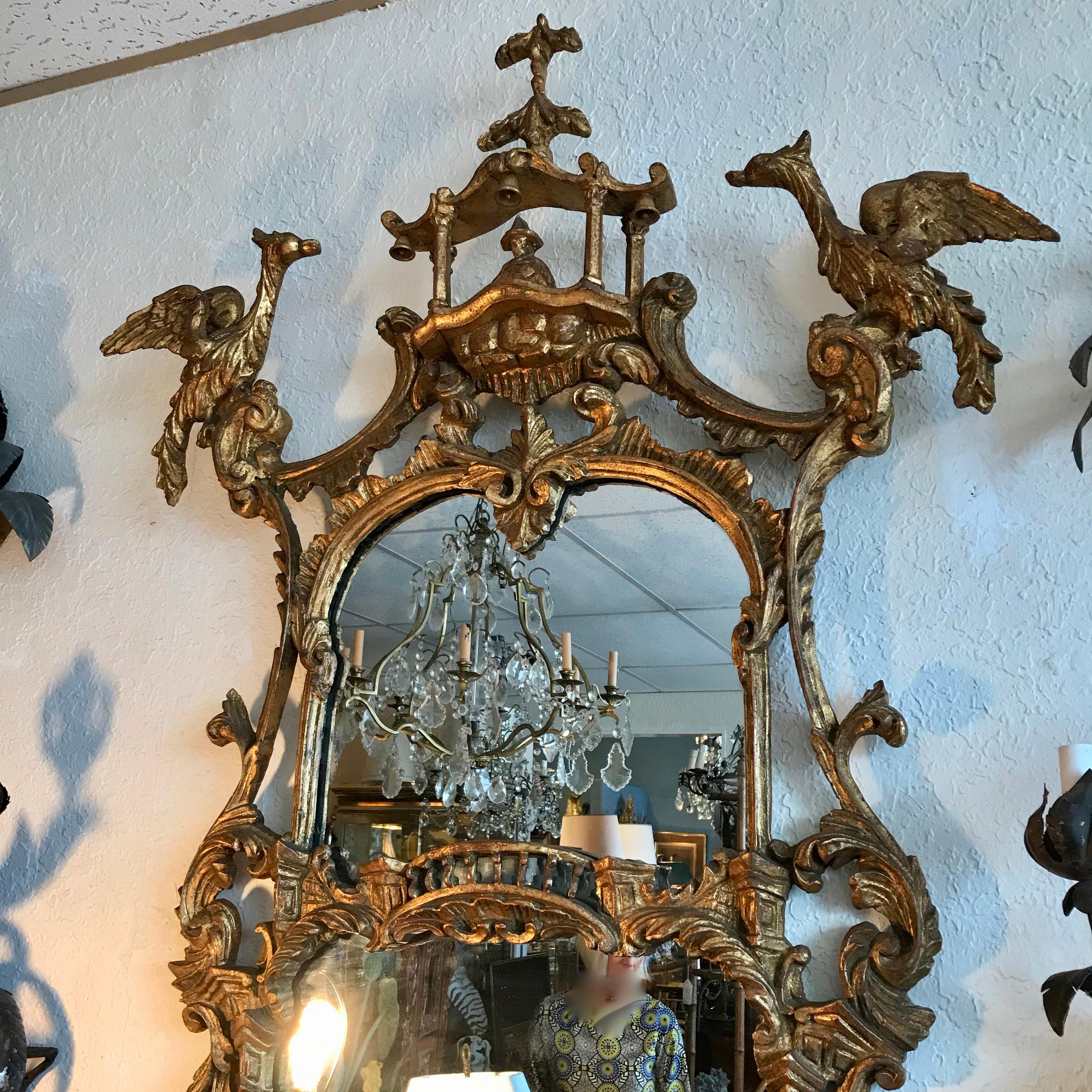 20th Century Tall Pagoda Top Chippendale Style Gilt Mirror