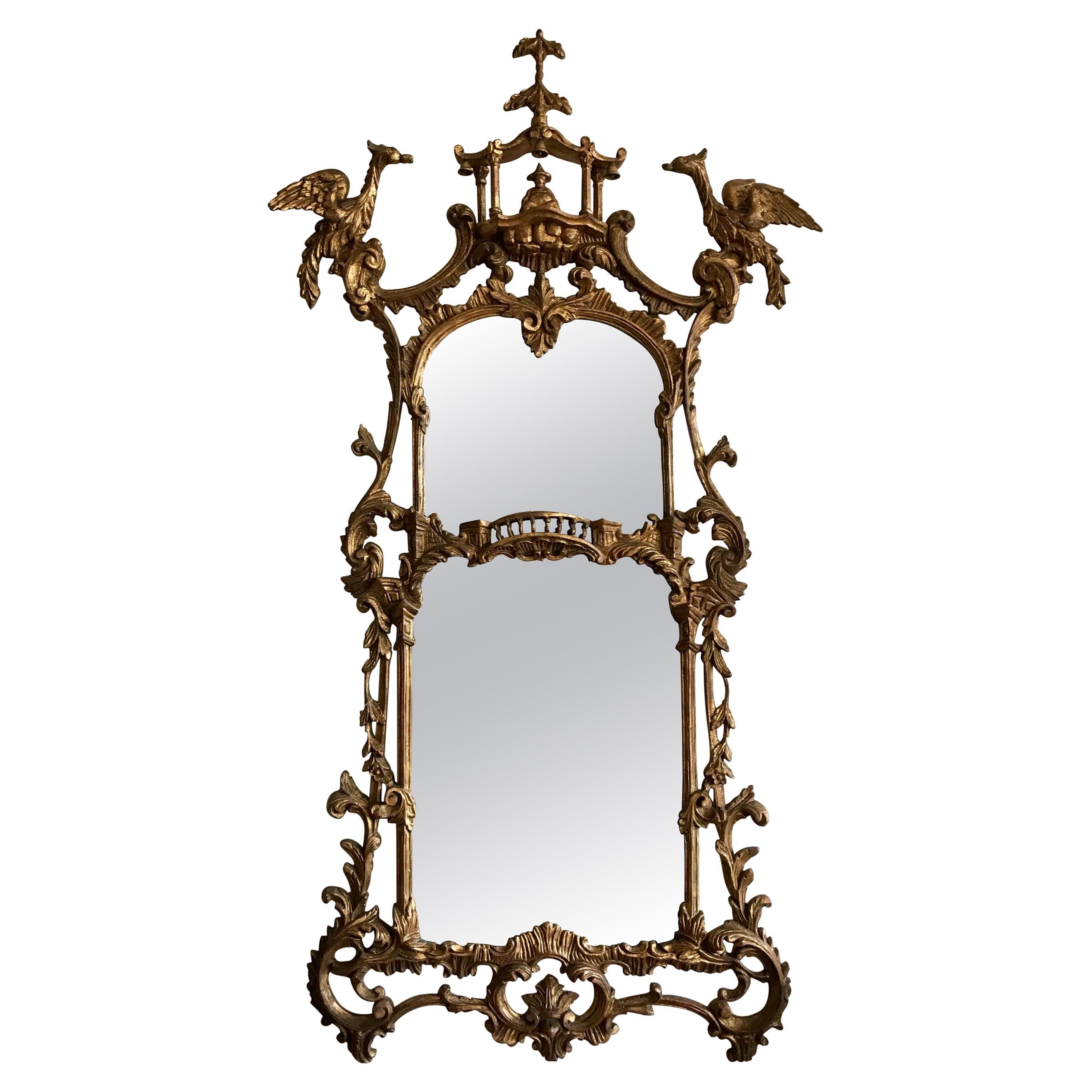 Tall Pagoda Top Chippendale Style Gilt Mirror