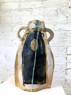 Tall Painted Double Handled Speckled Stoneware Flat Vase by Alison Owen