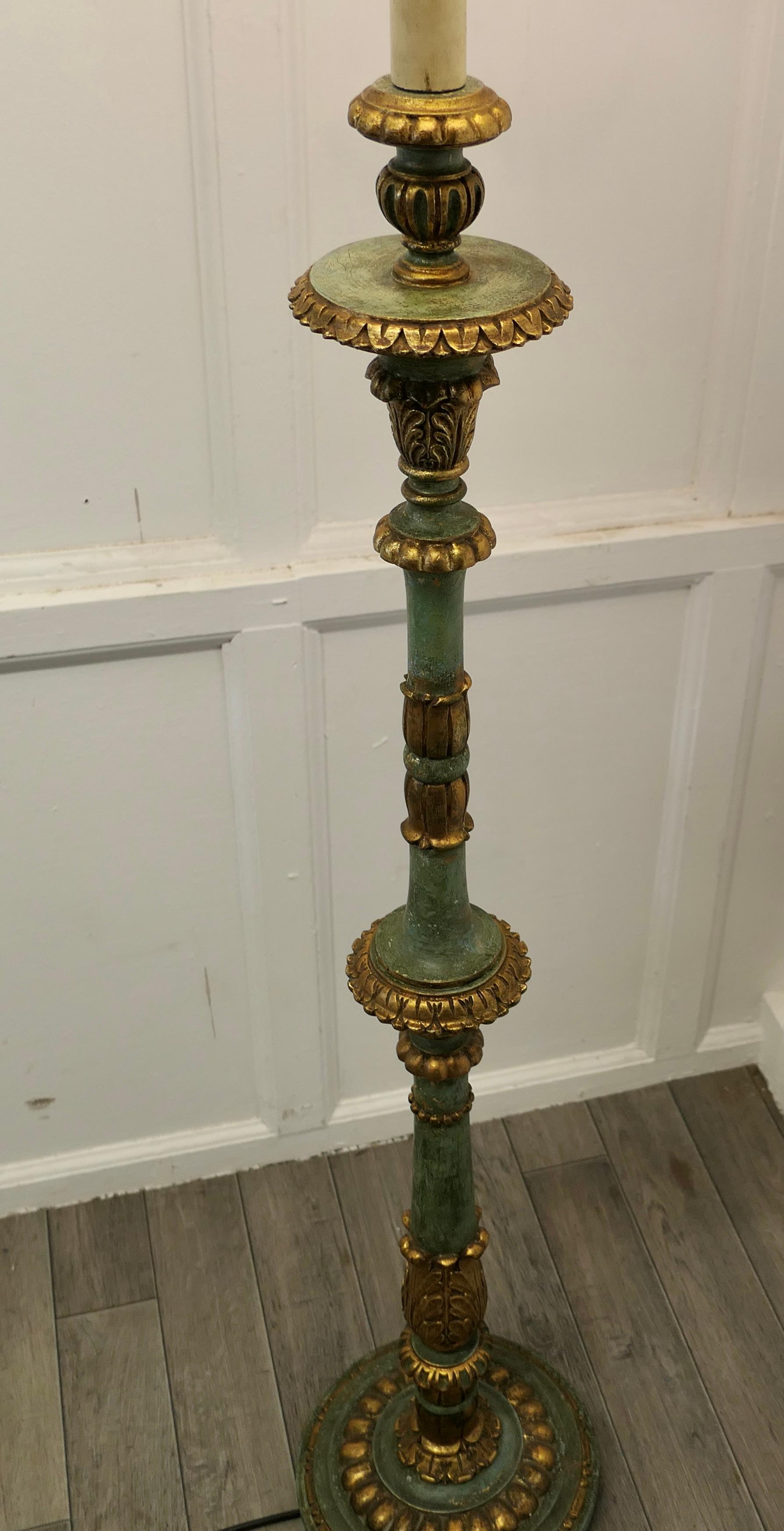 Adam Style Tall Painted Green and Giltwood Floor Standing or Standard Lamp 
