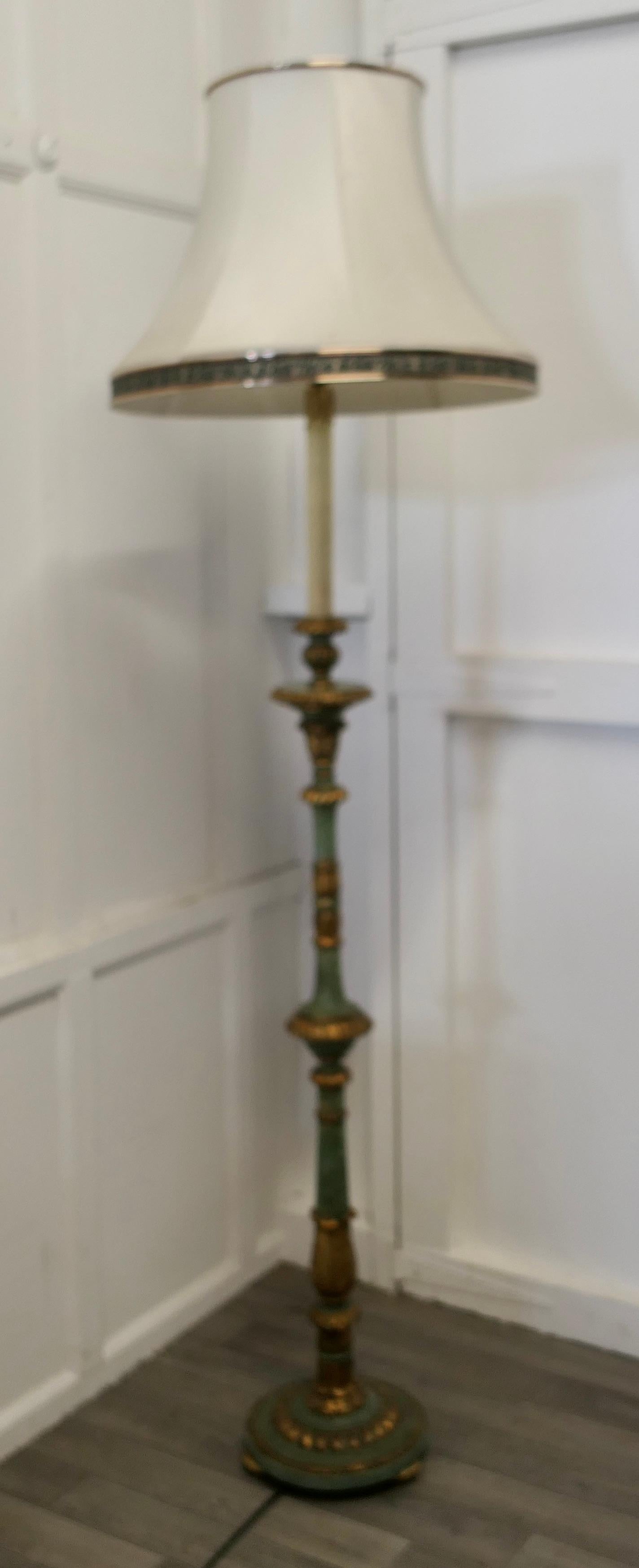 Tall Painted Green and Giltwood Floor Standing or Standard Lamp  1