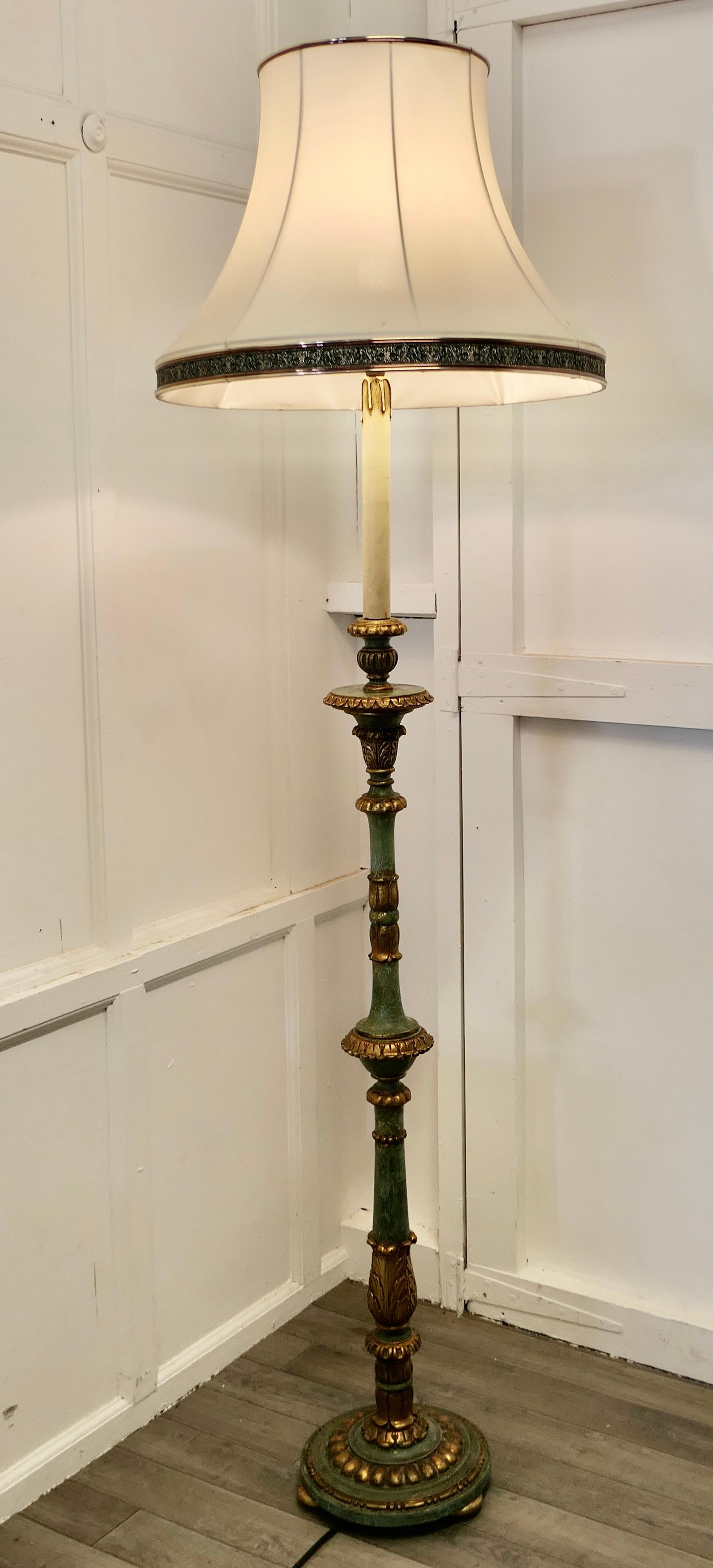 Tall Painted Green and Giltwood Floor Standing or Standard Lamp  2