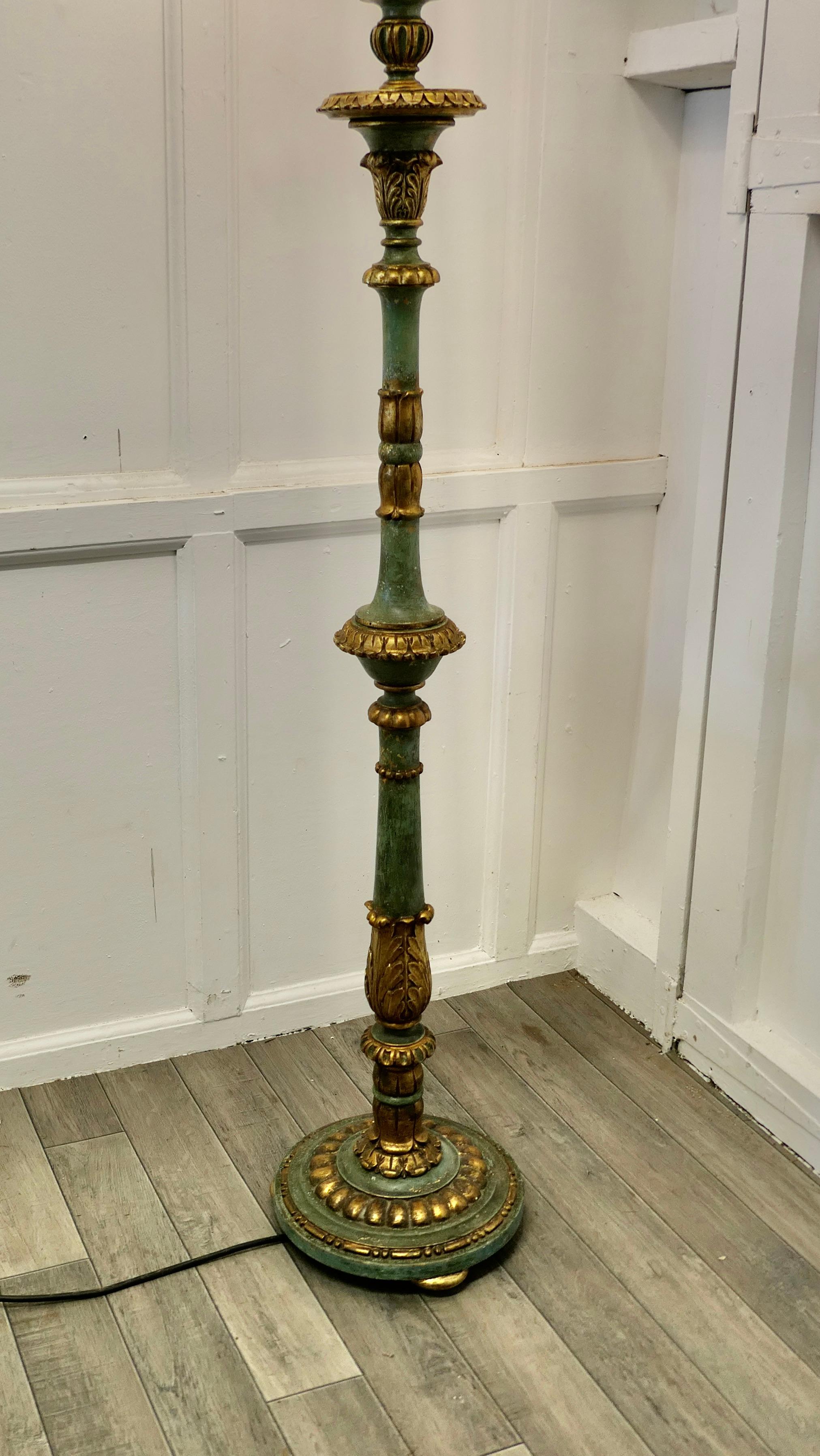 Tall Painted Green and Giltwood Floor Standing or Standard Lamp  3
