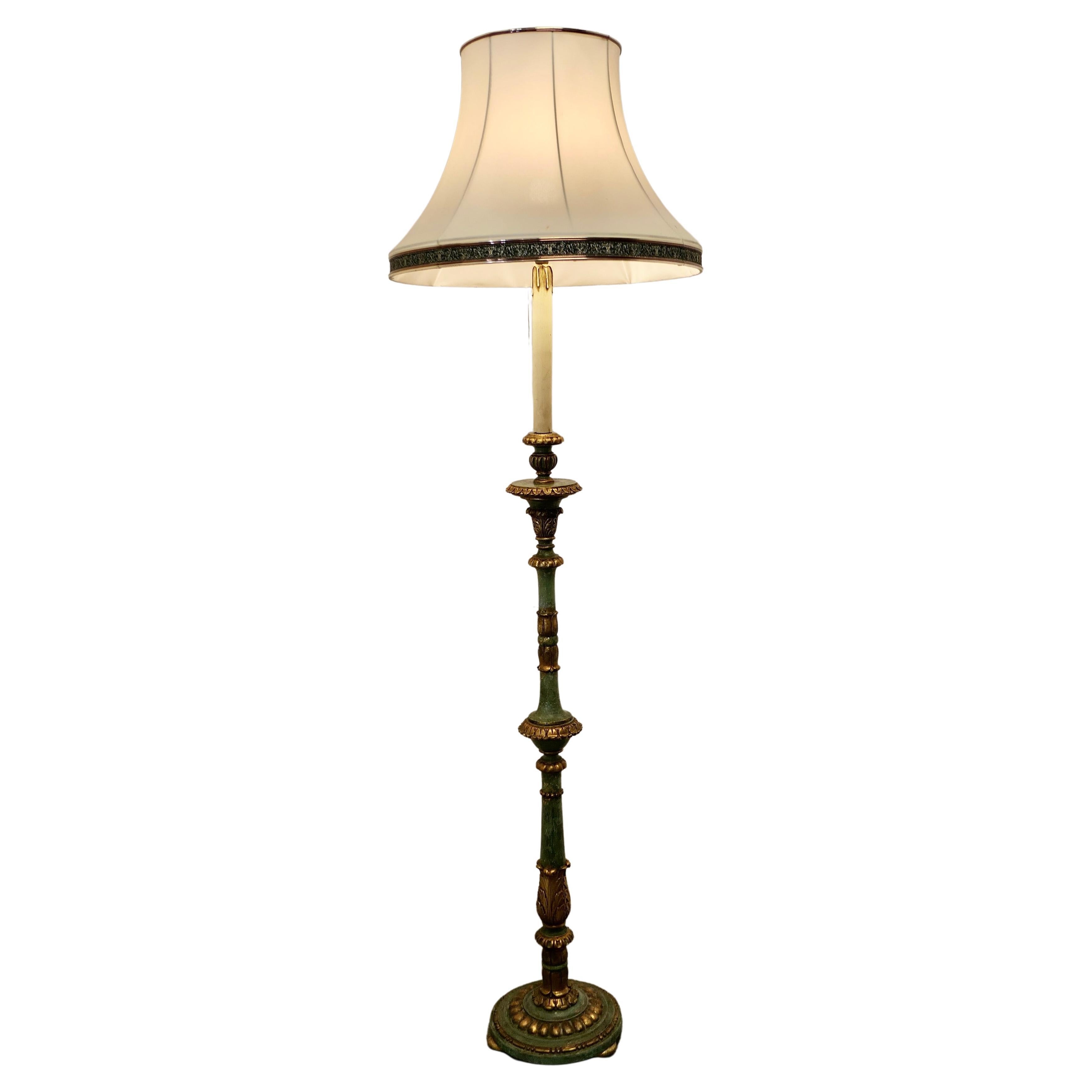 Tall Painted Green and Giltwood Floor Standing or Standard Lamp 