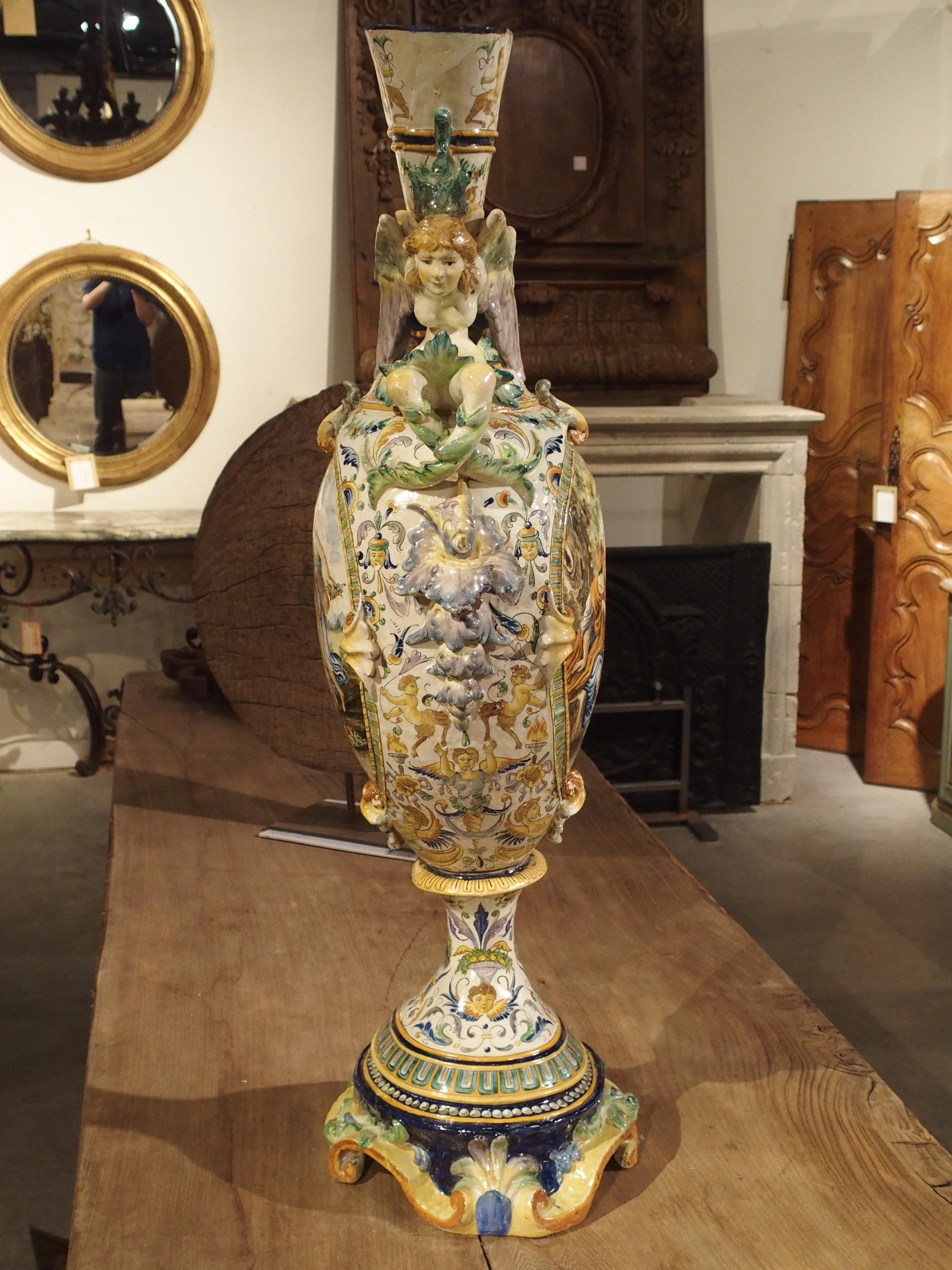 Tall Painted Italian Majolica Vase, circa 1860 For Sale 5