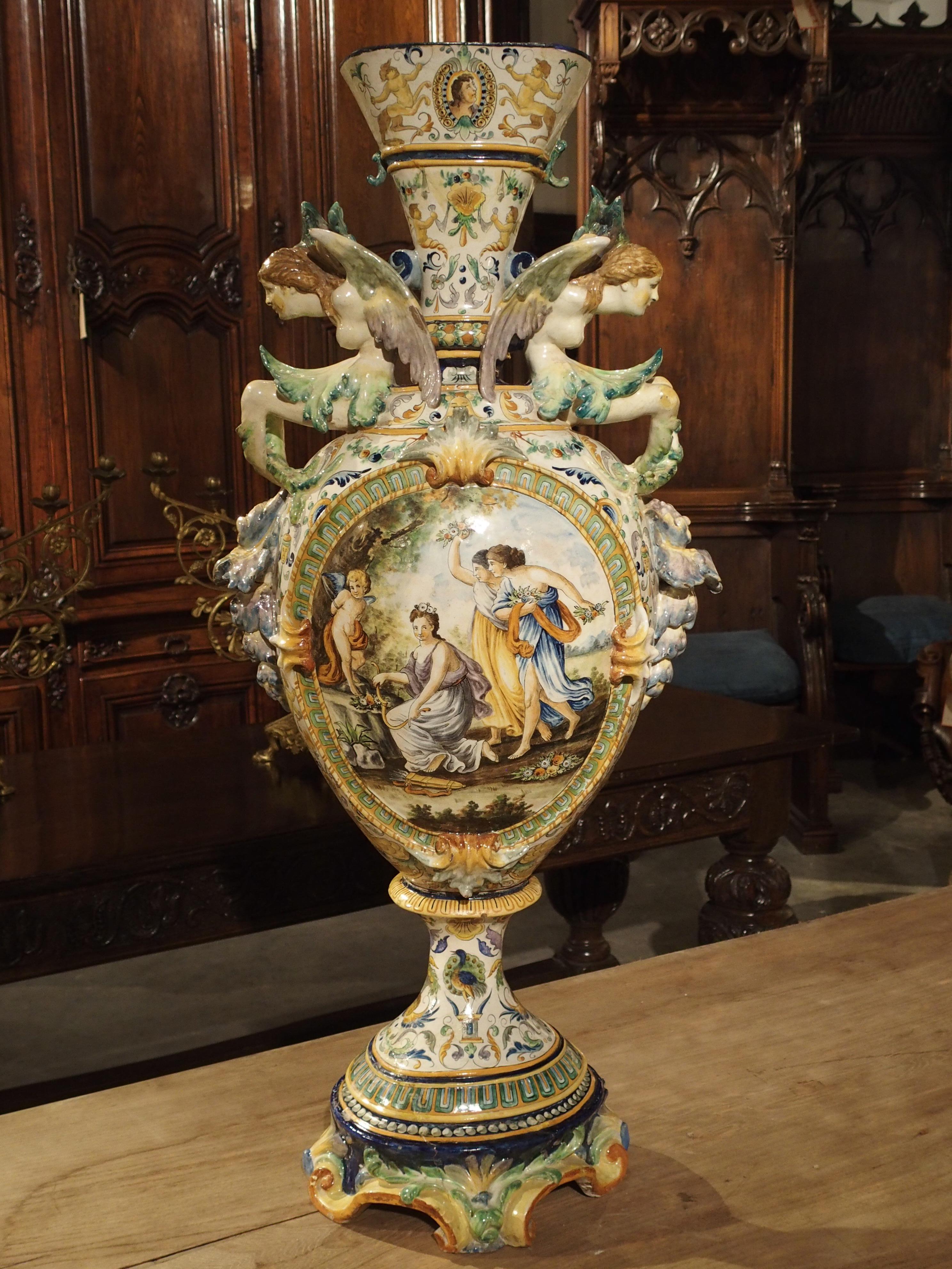 Hand-Painted Tall Painted Italian Majolica Vase, circa 1860 For Sale