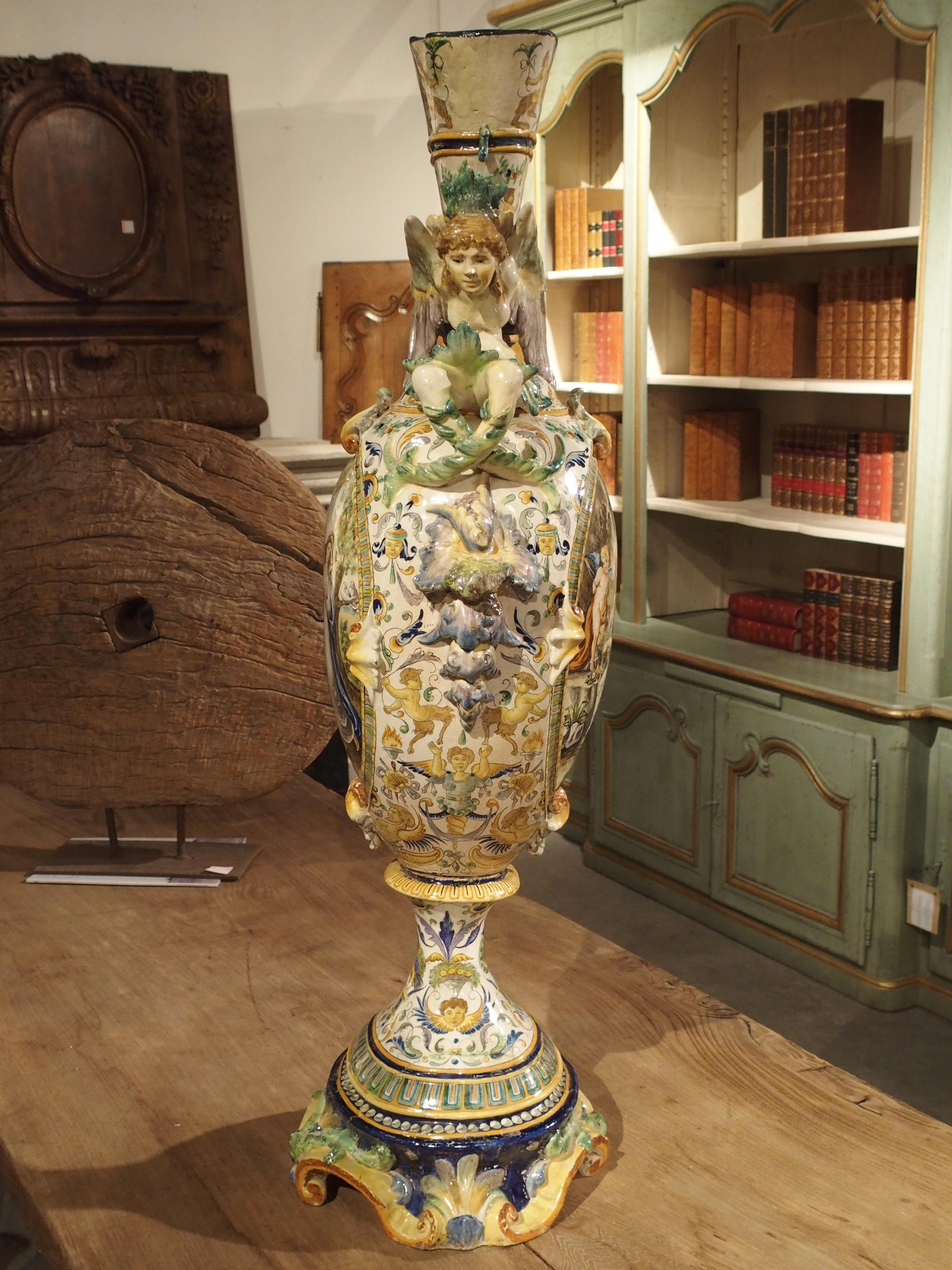 Tall Painted Italian Majolica Vase, circa 1860 For Sale 3
