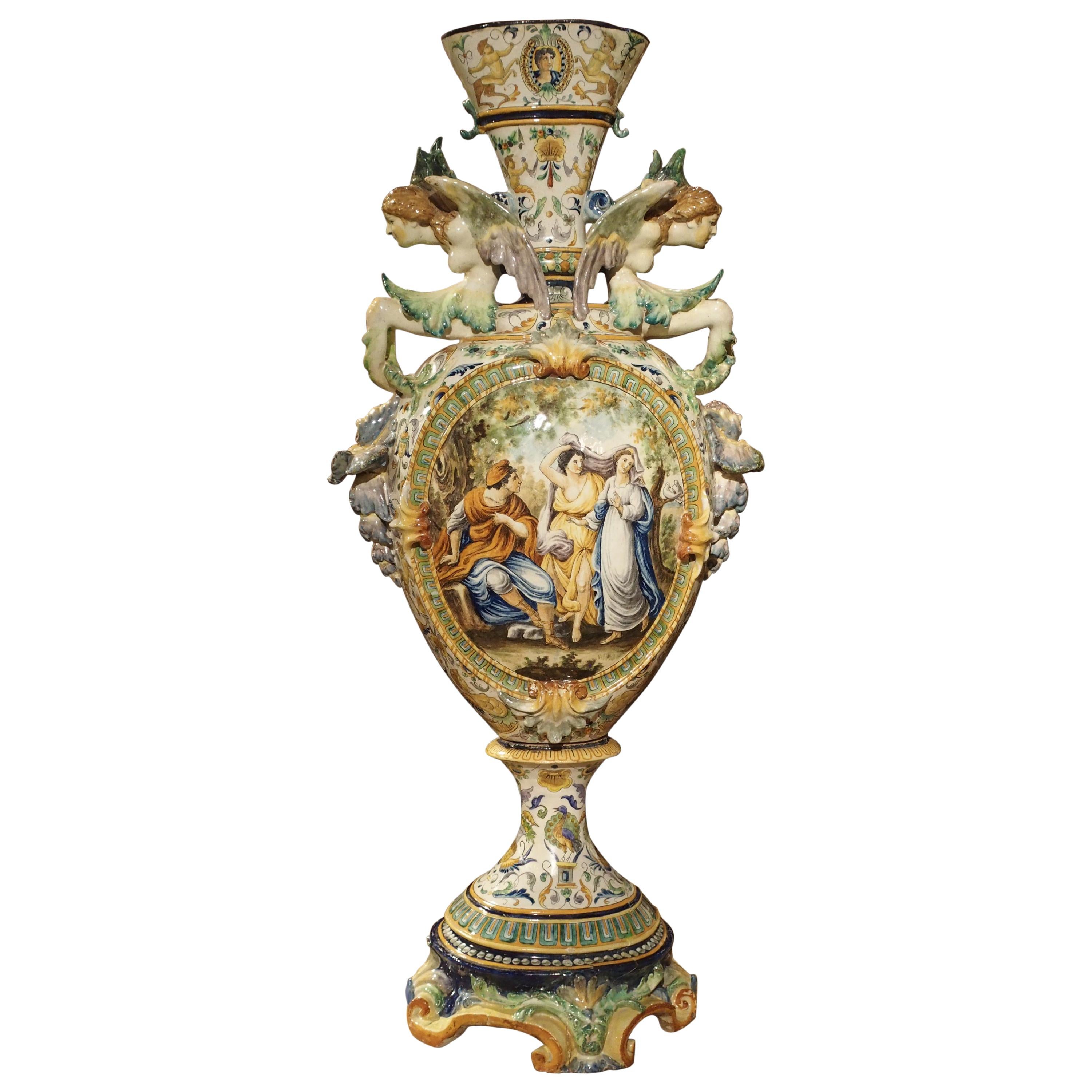 Tall Painted Italian Majolica Vase, circa 1860 For Sale