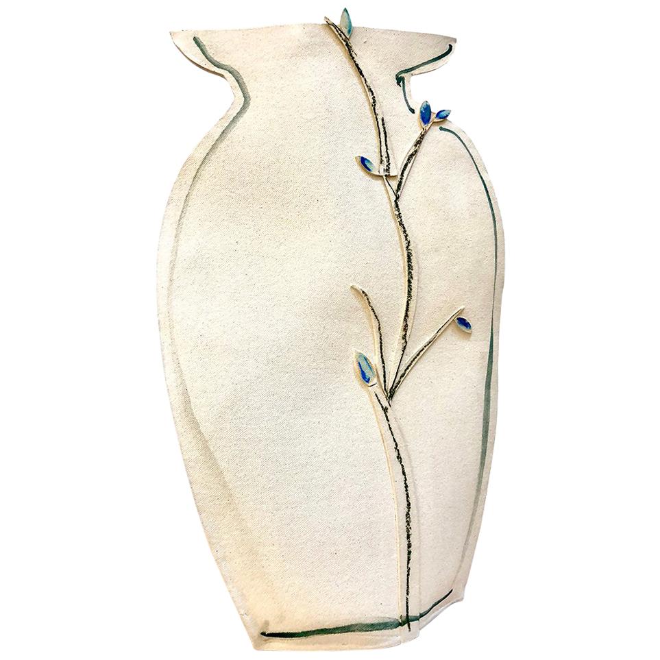 Tall Painted Porcelain Flat Vase with Blue and Black Vines by Alison Owen For Sale