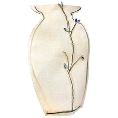 Tall Painted Porcelain Flat Vase with Blue and Black Vines by Alison Owen