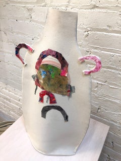 Tall Painted White Paper Porcelain Flat Vase with Rainbow Collage by Alison Owen