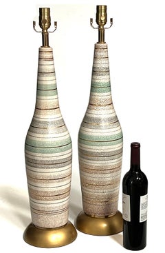 Tall Pair 1960s Bottle-form Striped Ceramic Lamps with Crackle Glaze Finish