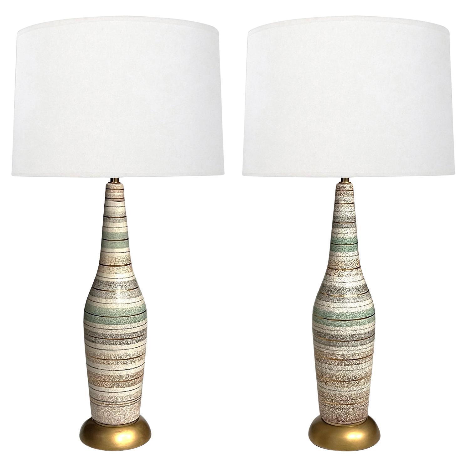 Tall Pair 1960s Bottle-form Striped Ceramic Lamps with Crackle Glaze Finish