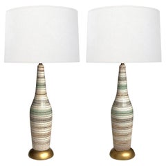 Tall Pair 1960s Bottle-form Striped Ceramic Lamps with Crackle Glaze Finish