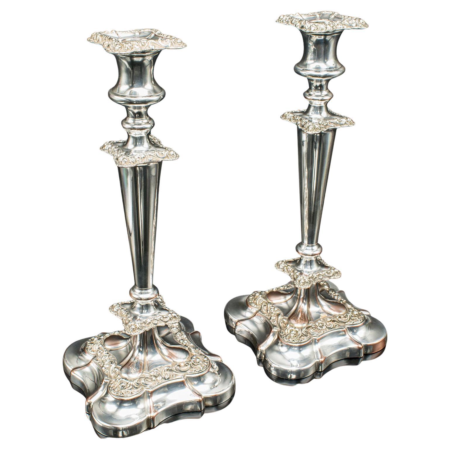Tall Pair, Antique Candlesticks, English, Silver Plated Candle Sconce, Edwardian