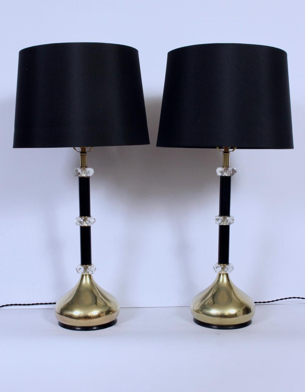 Tall Pair Hollywood Regency Stacked Brass, Black & Lucite Crystal Table Lamps For Sale 4