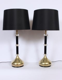 Tall Pair of Hollywood Regency Stacked Brass, Black & Crystal Table Lamps